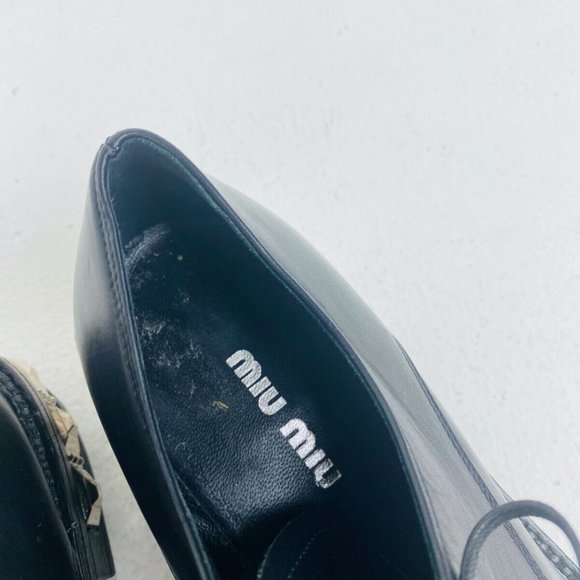 Miu Miu Black Smooth Leather Studded Chunky Classic Formal Lace Up Shoes UK 2.5 - Picture 4 of 12